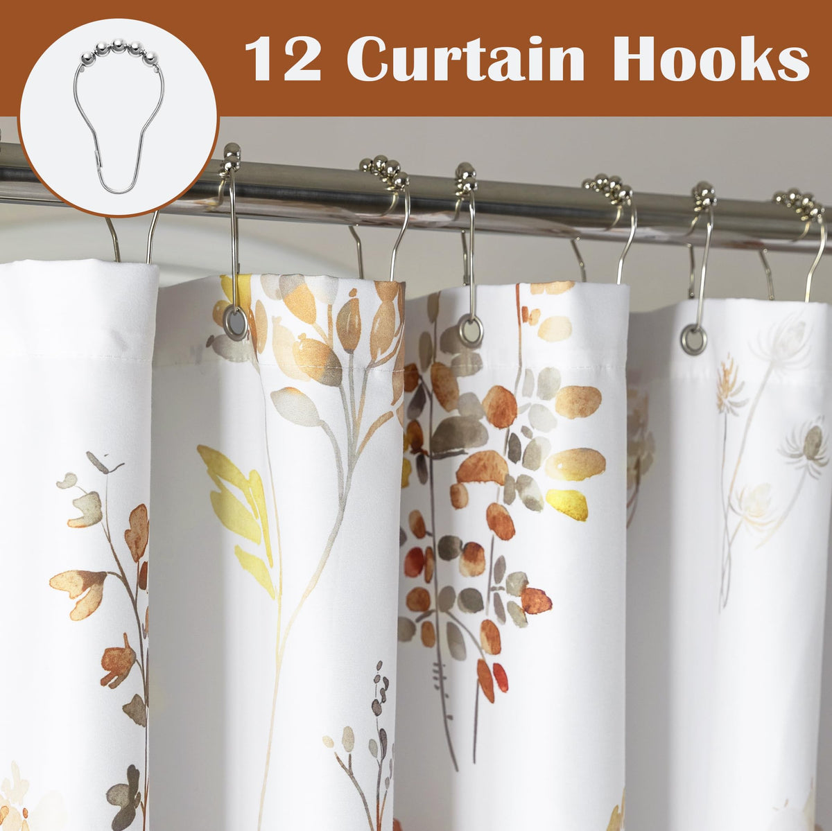 Fall Shower Curtain, Burnt Orange Terracotta Rust Brown Fabric Boho Rustic Farmhouse Cute Floral Leaf Autumn Shower