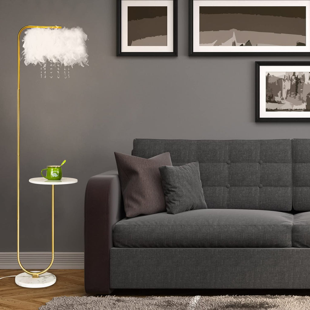 Inspired Arco Style Unique Led White Feather Floor Lamp with Tray, Ostrich Feather Stand Lamp, Living Room Bedroom Office Shop Window