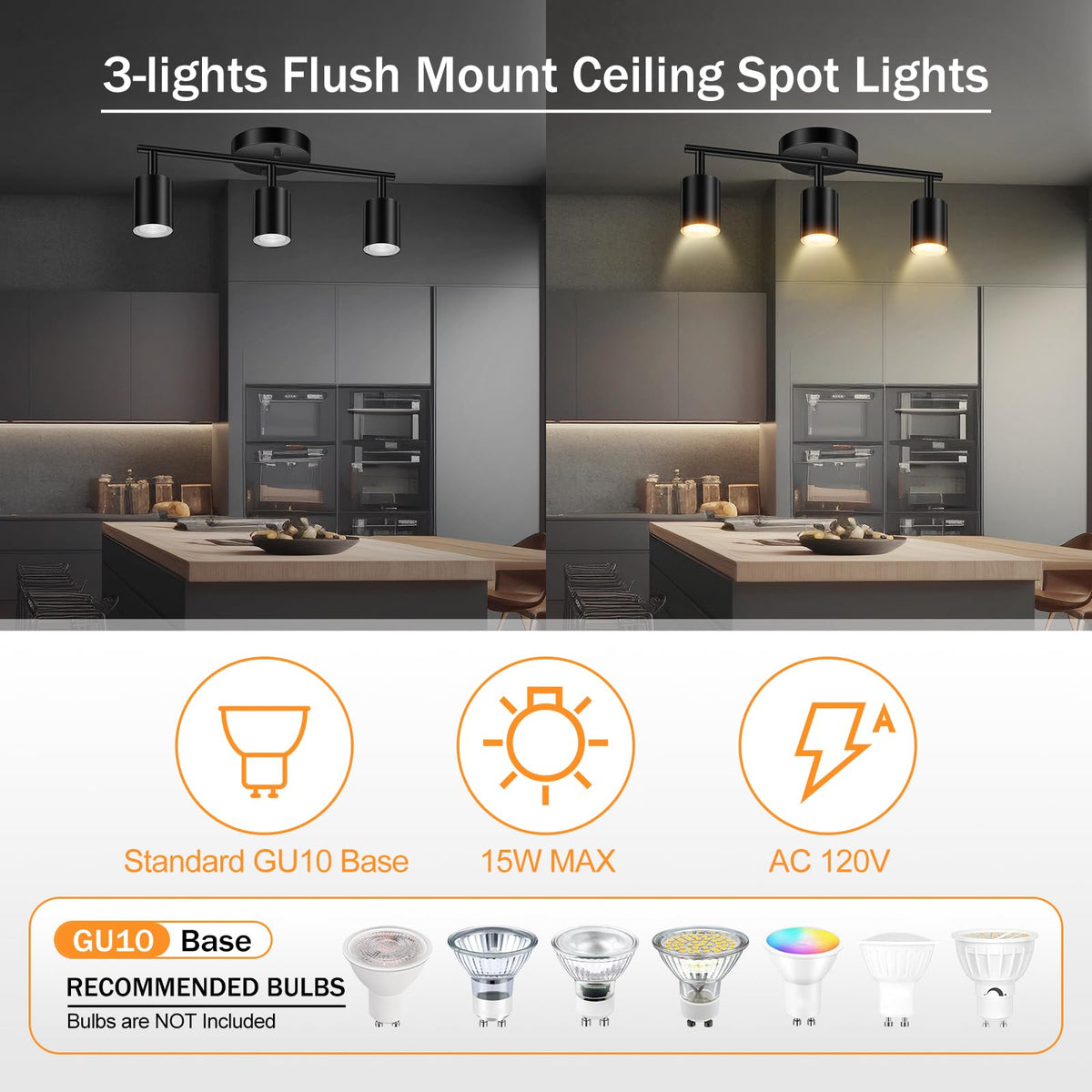LED Track Lighting Fixtures Ceiling, Black 3-Light Track Lights, 3 Way Ceiling Spotlight, Flexibly Rotatable Wall