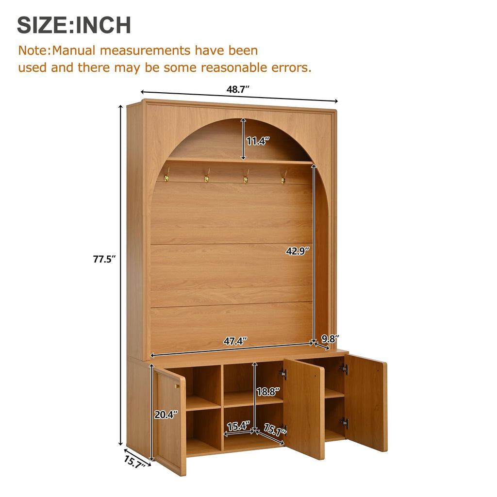 Farmhouse Hall Tree with Storage Bench, 48.7" Arched Entryway Coat Rack Organizer with 4 Metal Hooks, 3 Cabinets