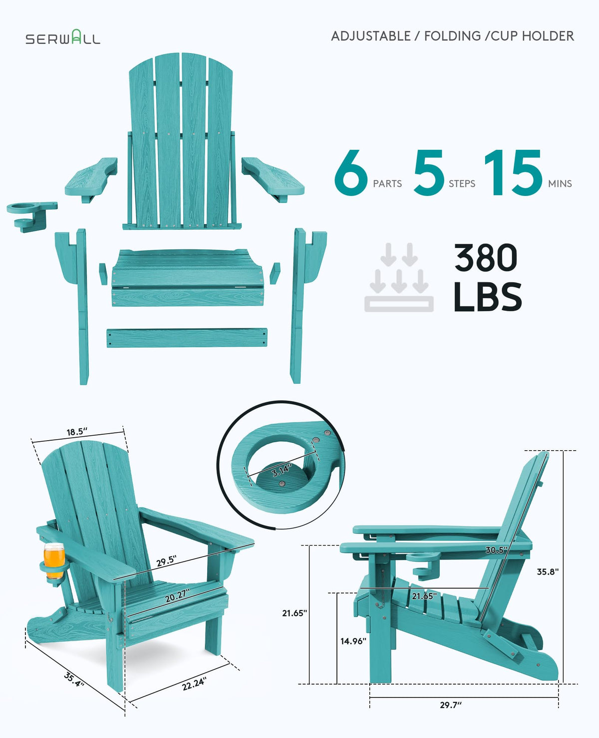 Folding Adjustable Adirondack Chairs Set of 2, Cup Holder, Aruba