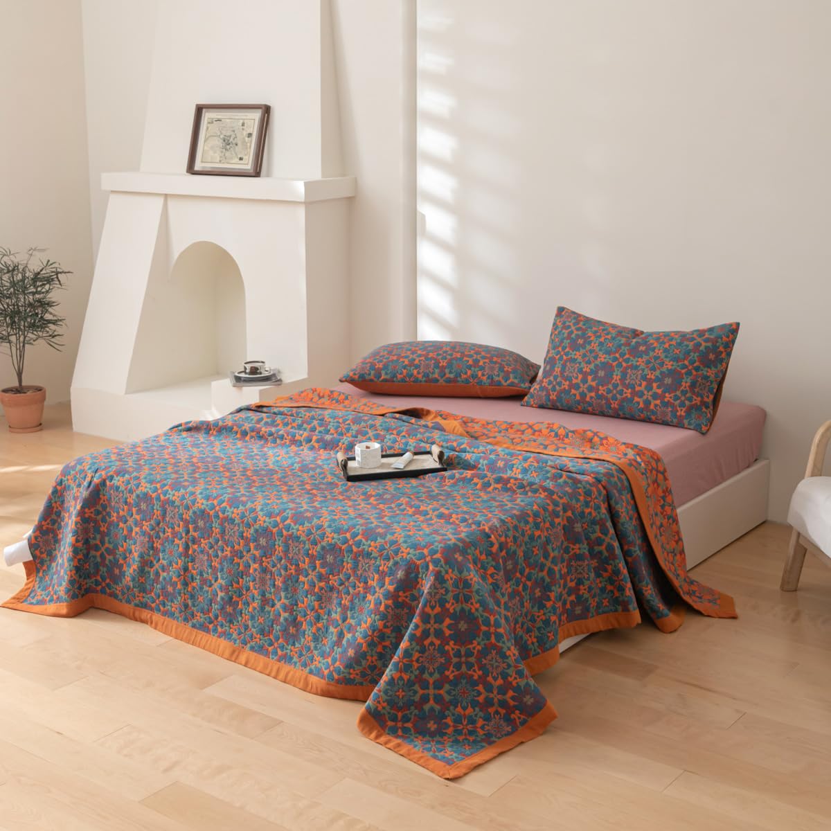 100% Cotton Muslin Blanket Jacquard Bohomian Mandala Floral Print Quilt, Soft Bed Cover Reversible Bedspread Coverlet