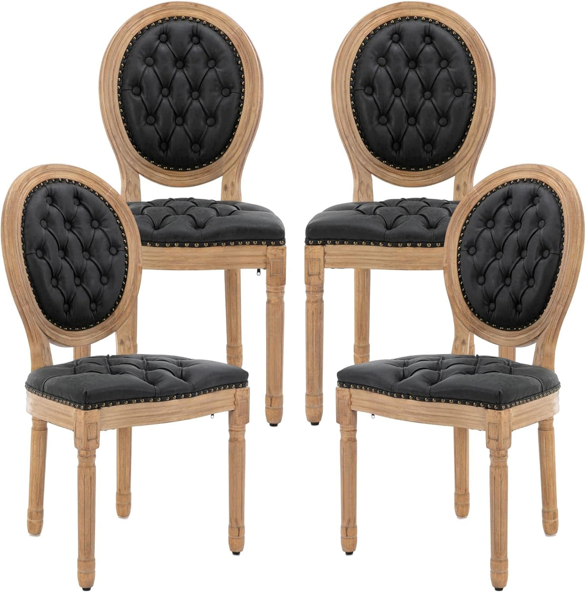 French Country Dining Chairs Set of 4, Vintage Wooden Dining Chairs with Tufted PU Leather Seat and Solid Wood Frame, Farmhouse Style, Black