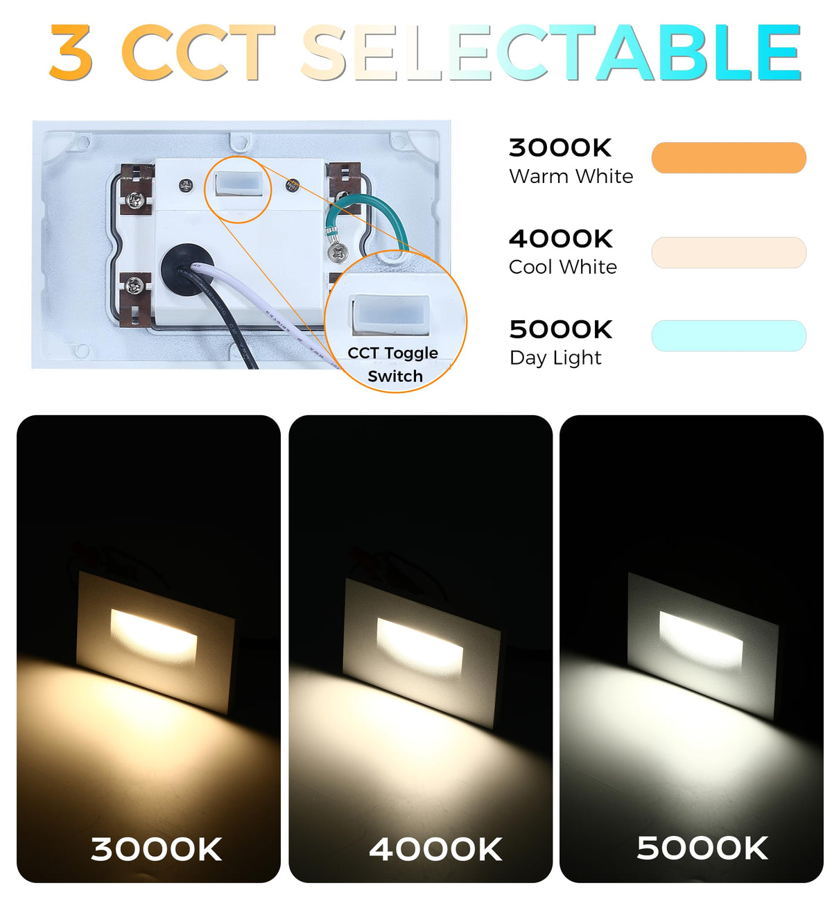 Dimmable Upgraded 3 Color 120V LED Indoor Outdoor Step Lights, 3000K/4000K/5000K 3W 100lm, Stair Light, White, 6 Pack