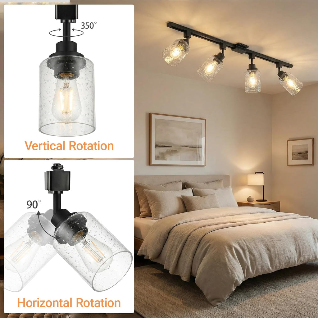 H Track Lighting Heads, Black Track Lighting Fixtures Ceiling with Seeded Glass Shade, H Type Track Lighting