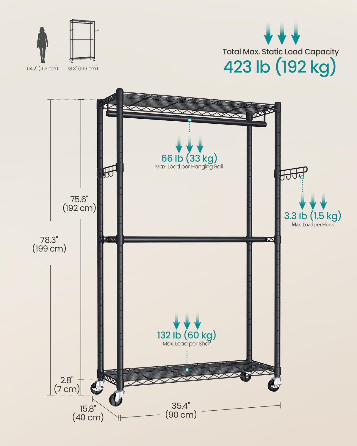 Heavy-Duty Clothes Rack, Portable Closet on Wheels, Garment Rack