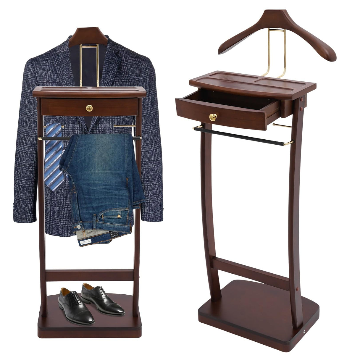 Freestanding Wood Mens Valet Stand with Drawer, Clothes Butler with Base, Suit Hanger Rack Living Room Bedroom