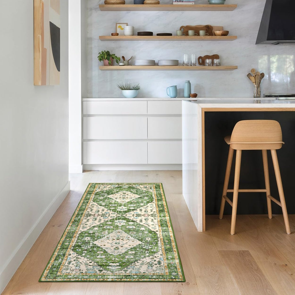 Felice Boho Runner Rugs 2x5 Green Kitchen Runner Rugs Non Skid Washable, Tribal Vintage Soft Machine Washable