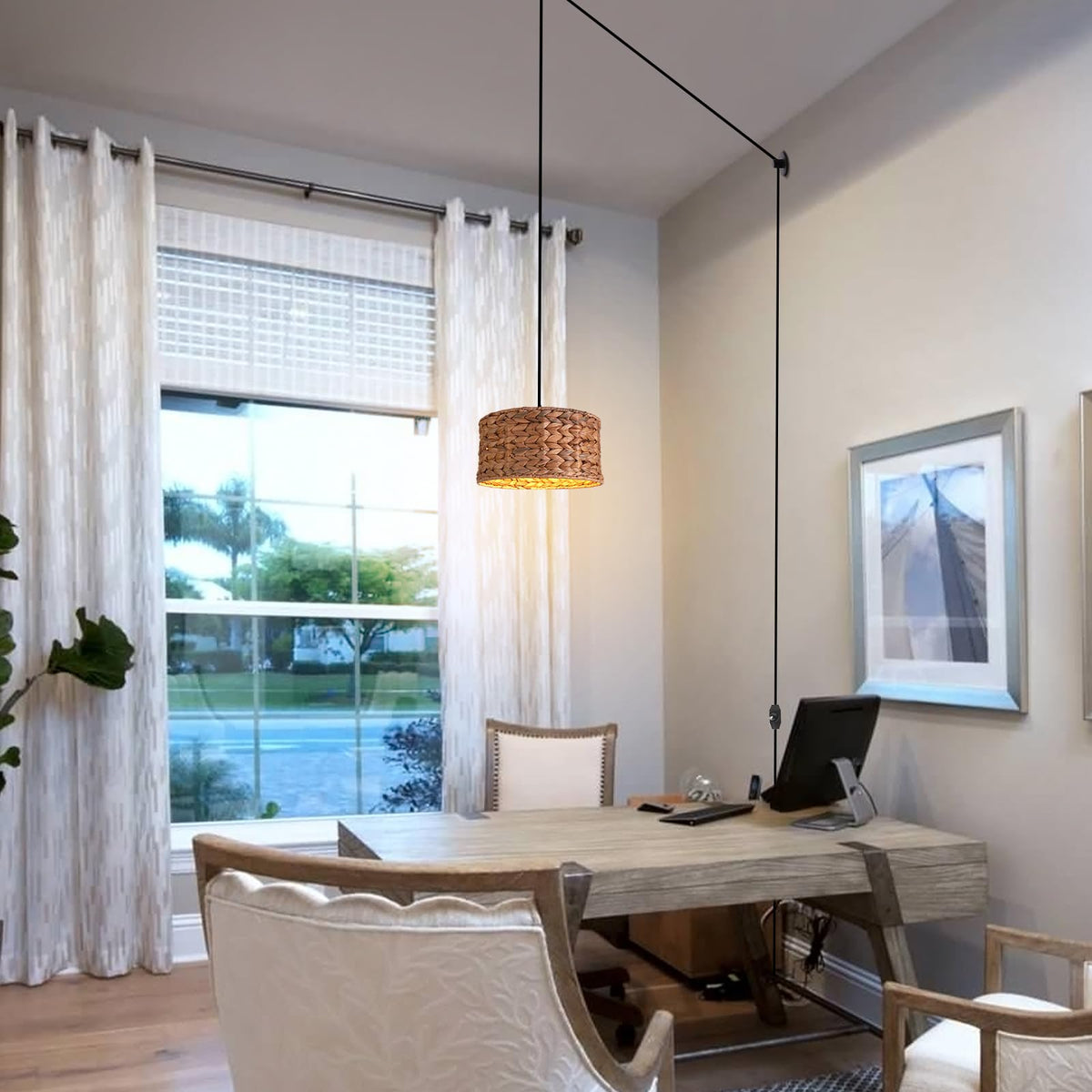 Rattan Plug in Pendant Light with 15 Ft Plug in Cord, Wicker Woven Lampshade Hanging Lamp with Dimmable Switch, Plug