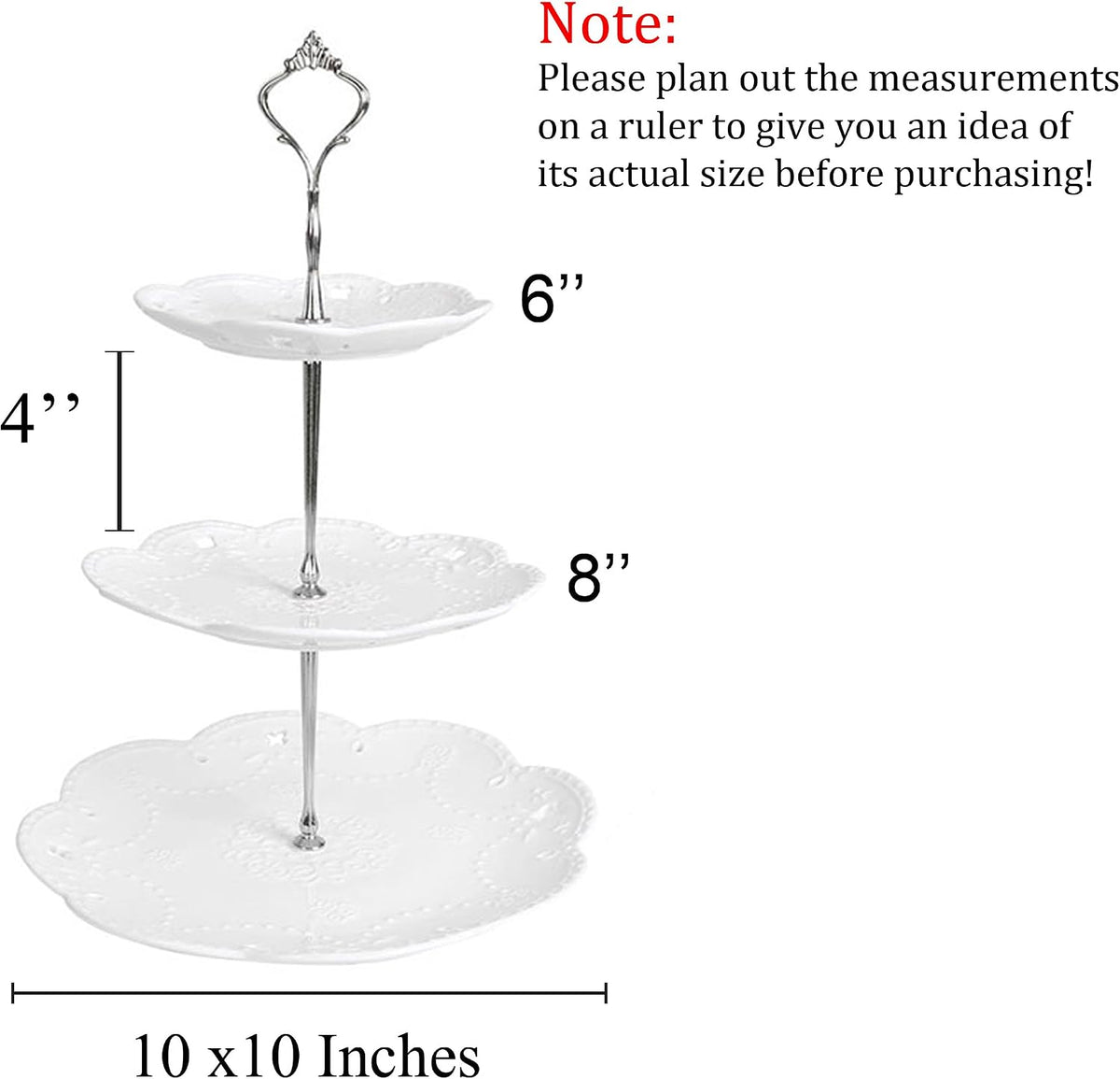3 Tier White Porcelain Cake Stand, Cupcake Stand with Silver Pilar