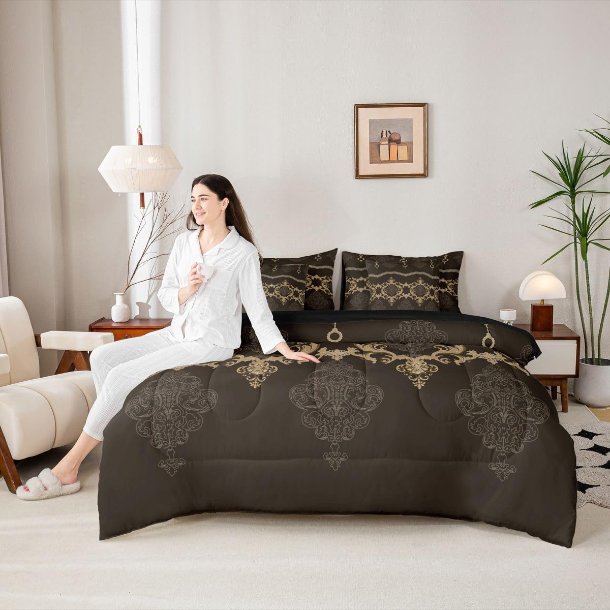 White Yellow Black Baroque Victorian Comforter Set