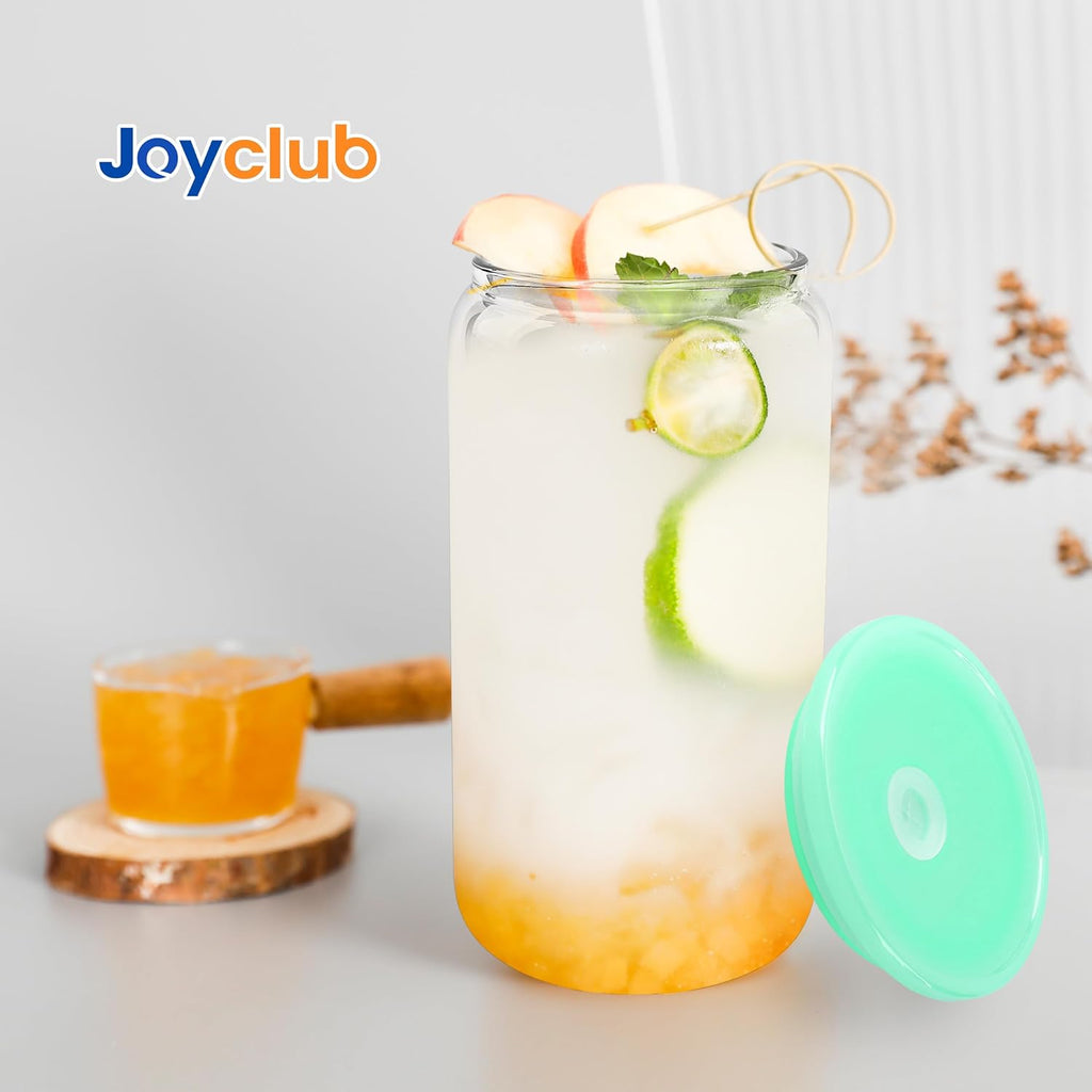 8pcs 16 oz Glass Cups with Acrylic Lids and Straws Can Shaped Iced Coffee Glasses Cute Tumbler Set Drinking Jars for Smoothie Soda Boba Beer Party Housewarming Gifts