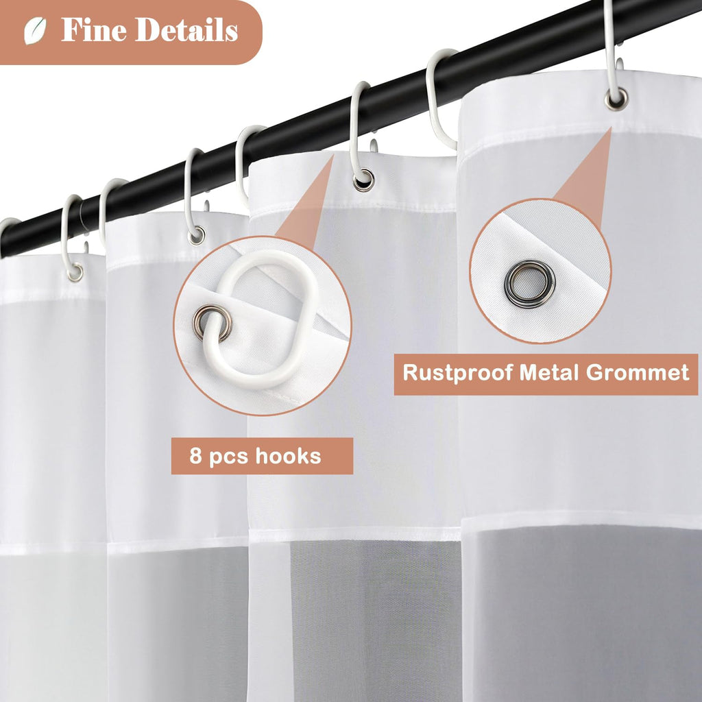 White Shower Curtain with Light Filtering Window, Stall Size Fabric Shower Curtain Liner, 48 x 72 Inch