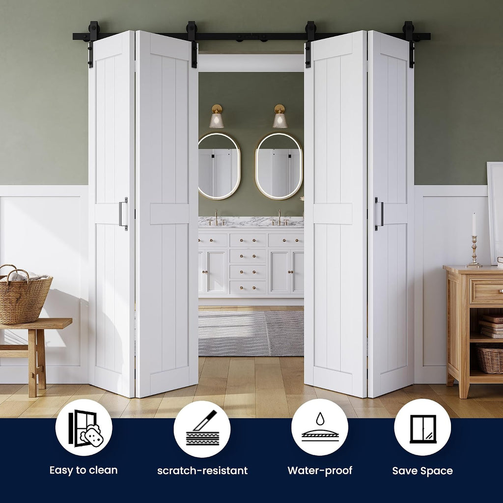 Bifold Barn Door 60" x 84", MDF Bi-Fold Sliding Closet Doors with Hardware Kit Included, Pre-Finished Easy Assembly, Water-Proof PVC Surface & Save Space, H-Frame, 68" Track for 4 Doors,White