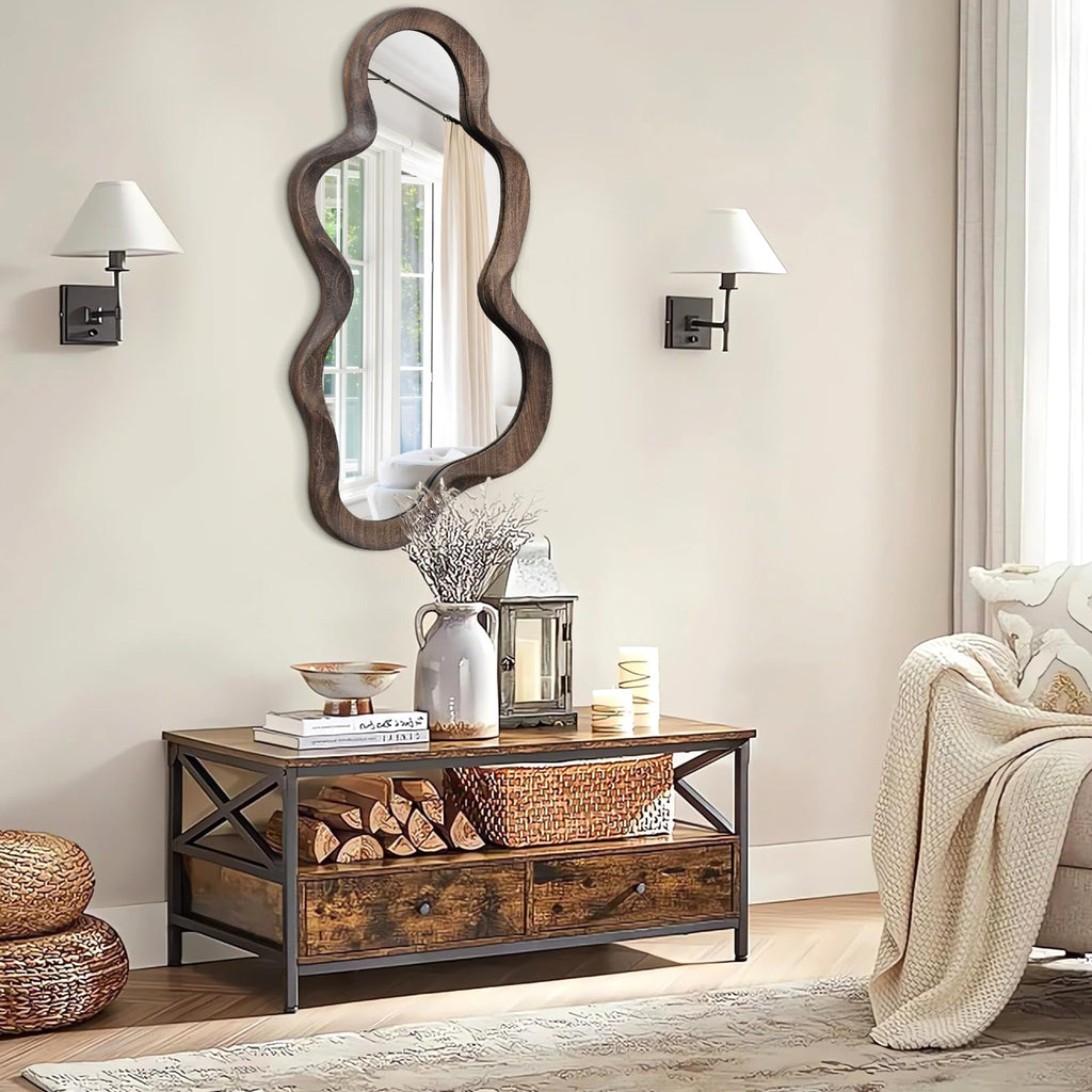 Large Asymmetrical Mirror, Wall Wood Frame Irregular Cloud Wavy Mirror