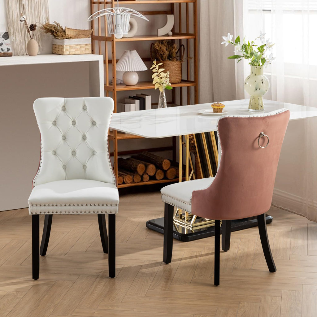 Leather Dining Chairs Set of 2, Tall Back Side Chair, Modern Upholstered Side Chair with Button Back Ring, Solid Wood
