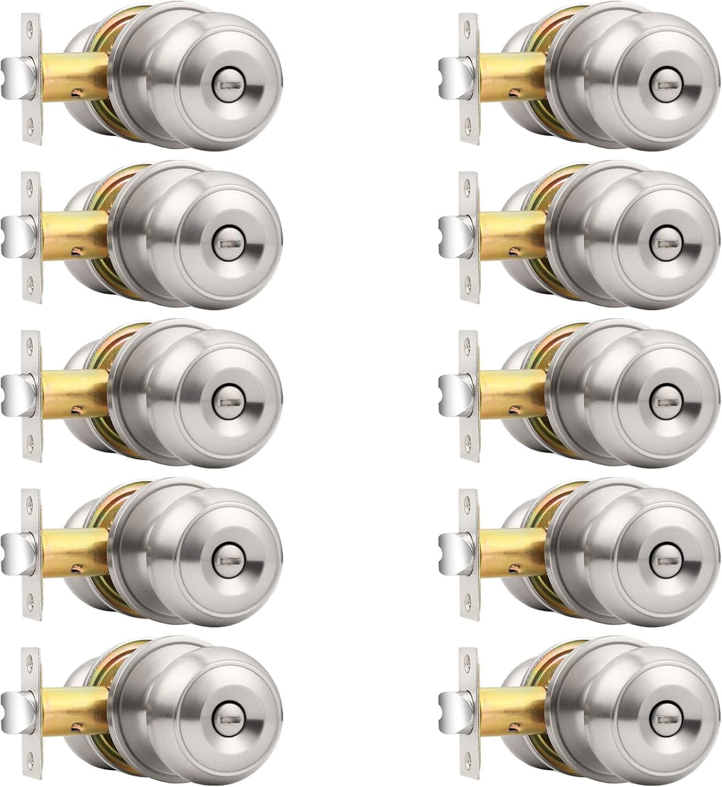 Brushed Nickel Door Knobs, Privacy Door Knob Bedroom, Interior Door Knobs with Thumb Turning Locking Button, 10 Pack