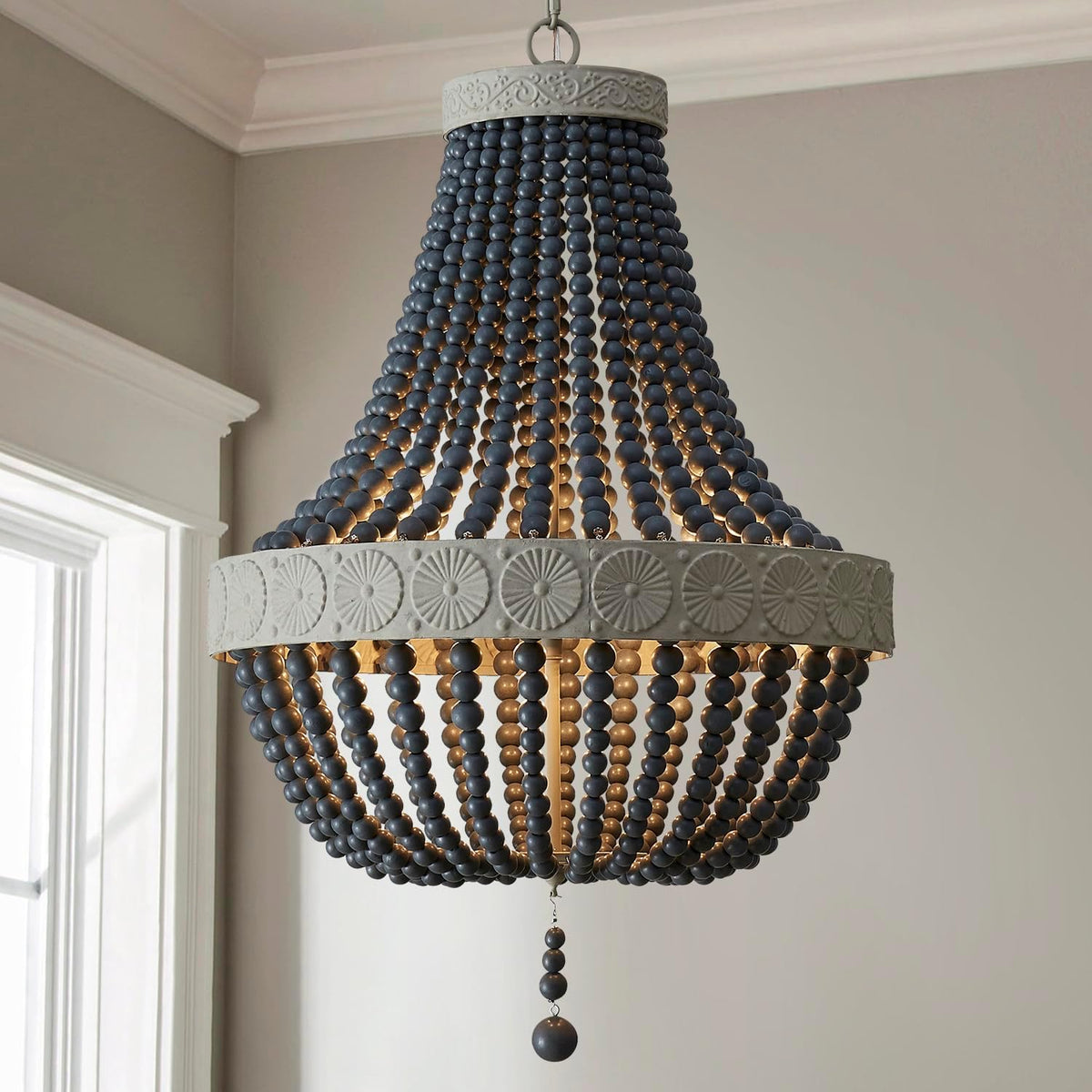 Farmhouse Wood Bead Chandelier, Vintage-Style Fixture for Dining Rooms