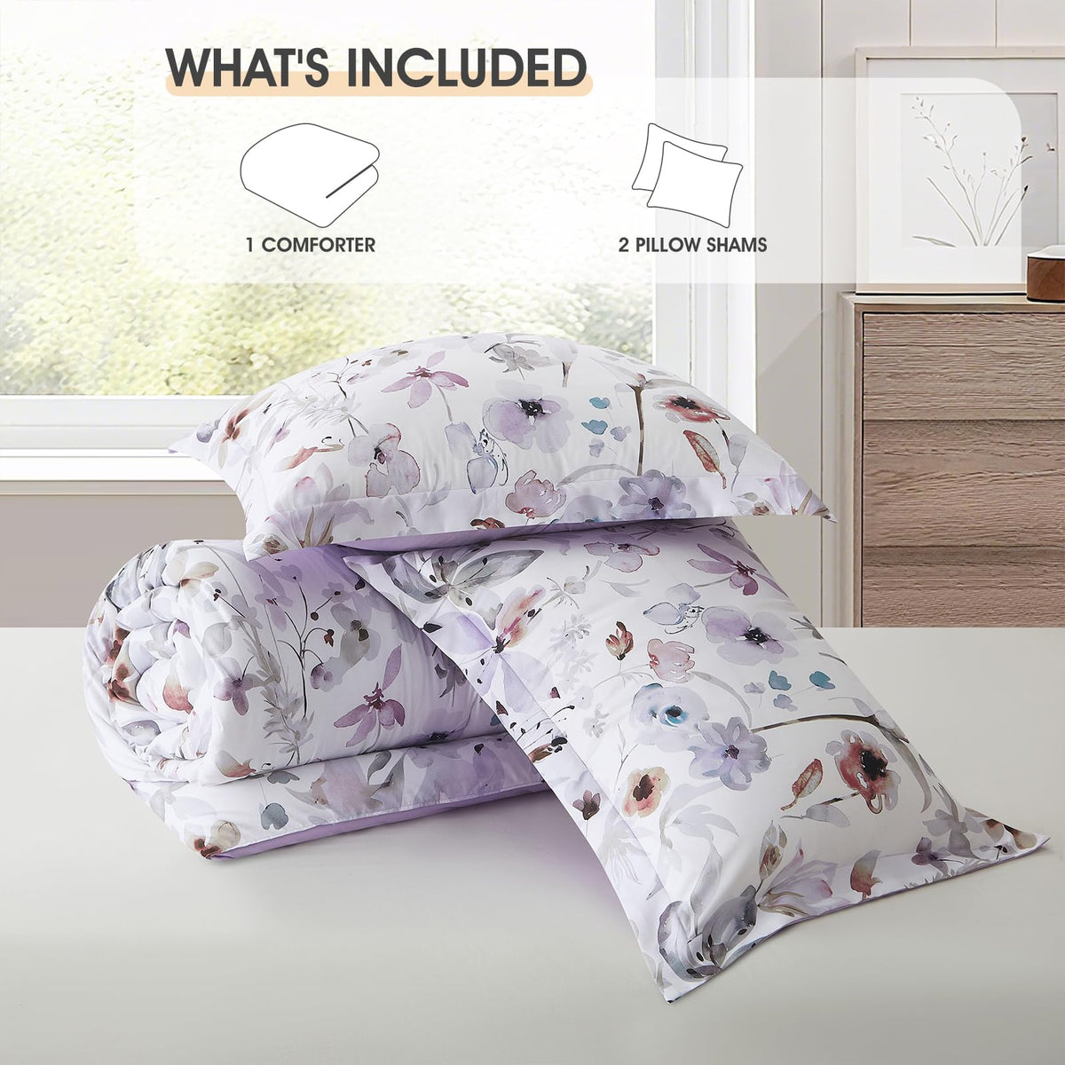 3 Piece Queen Comforter Set, Purple Floral Bedding, Soft Microfiber Comforter with Pillow Shams, Romantic French
