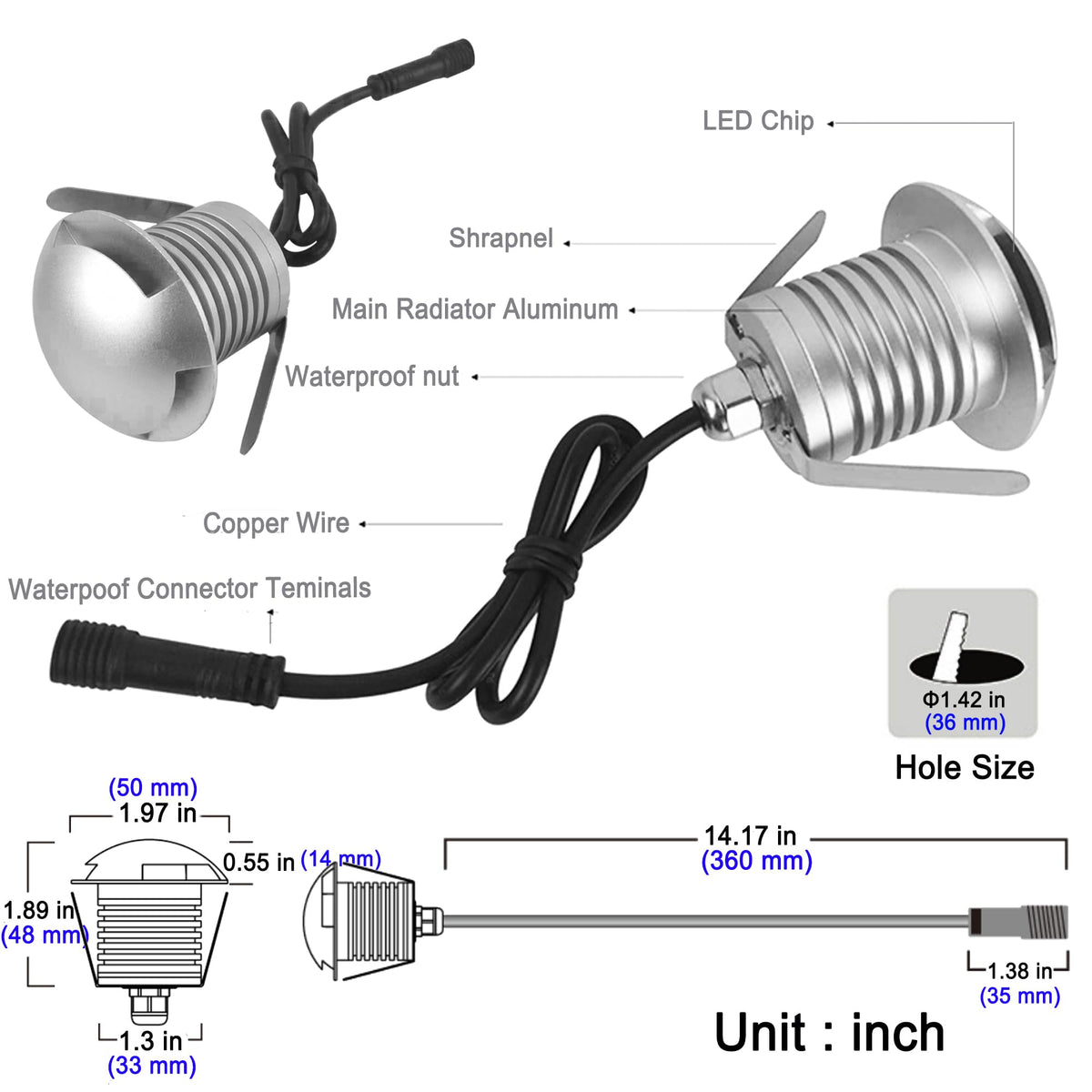 LED In-Ground Well Light,3W,12V-24V DC,IP67 Waterproof Aluminum,Directional Horizontally Outdoor Landscape