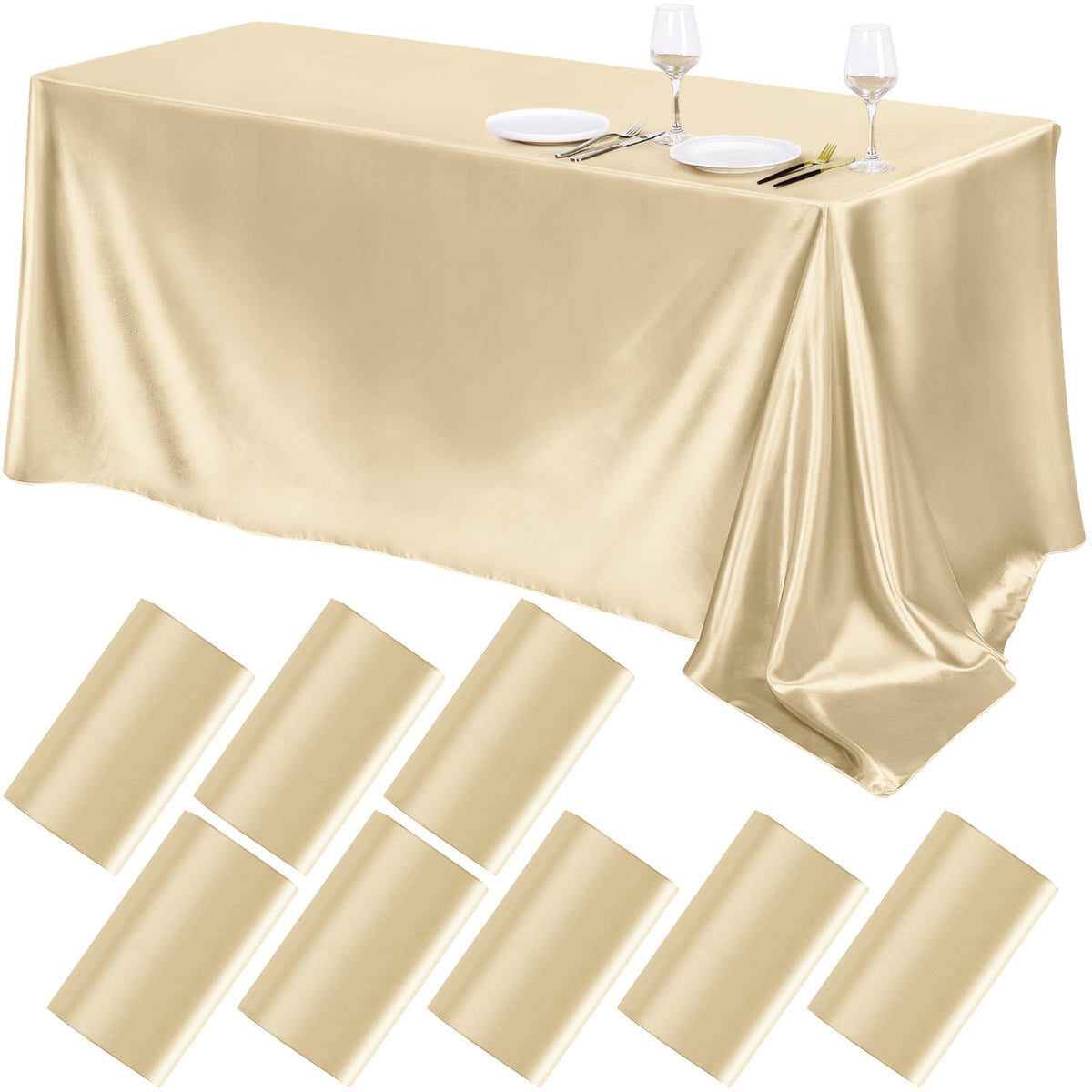 8 Pack Champagne Satin Tablecloth 102 x 58'' Overlay Table Cover