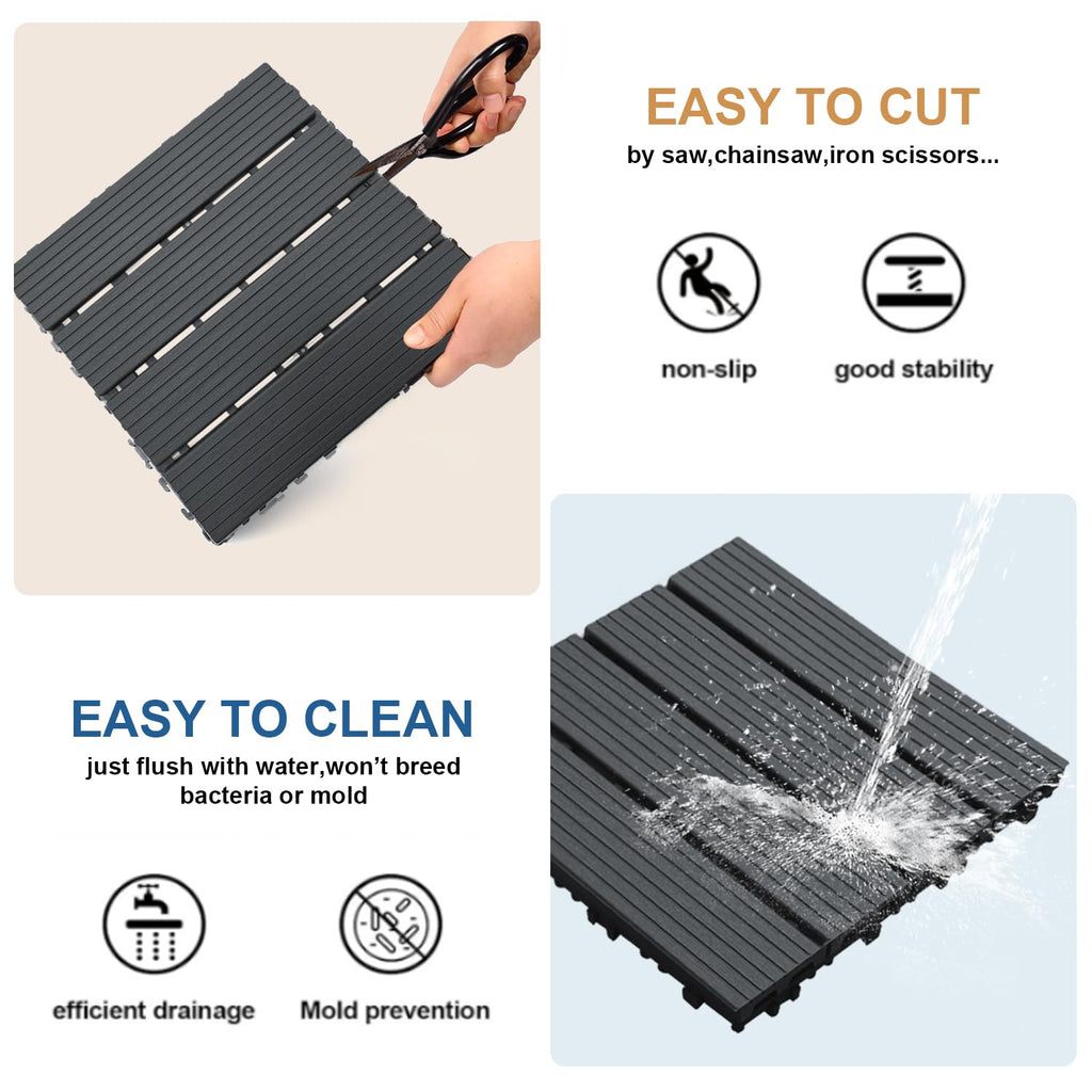 12 PCS Plastic Interlocking Patio Deck Tiles - 12" x 12" Waterproof Indoor Outdoor Flooring, Patio Floor Decking for Balcony, Backyard, Garden & Poolside, All Weather Use, Dark Grey