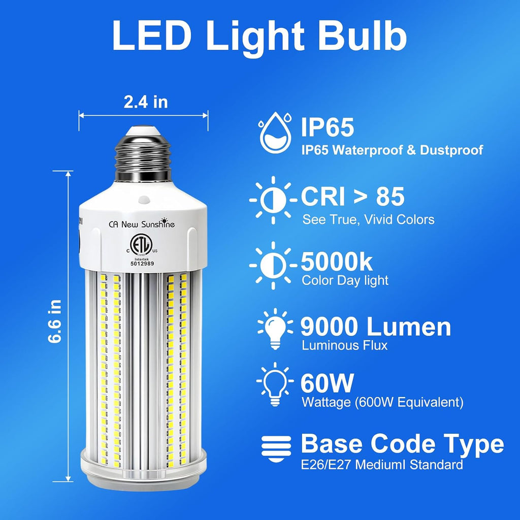600W Equivalent LED Corn Light Bulb,2-Pack 60W 9000LM 5000K Daylight White, E26/E27 Base, High Brightness LED