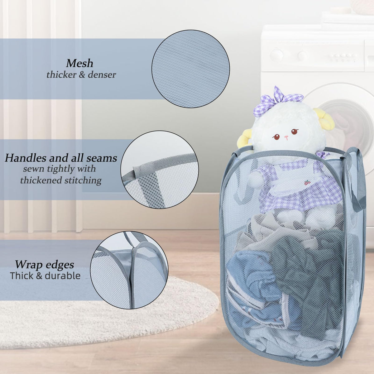 Pop Up Laundry Hamper 100L, Large Collapsible Mesh Basket with Pocket