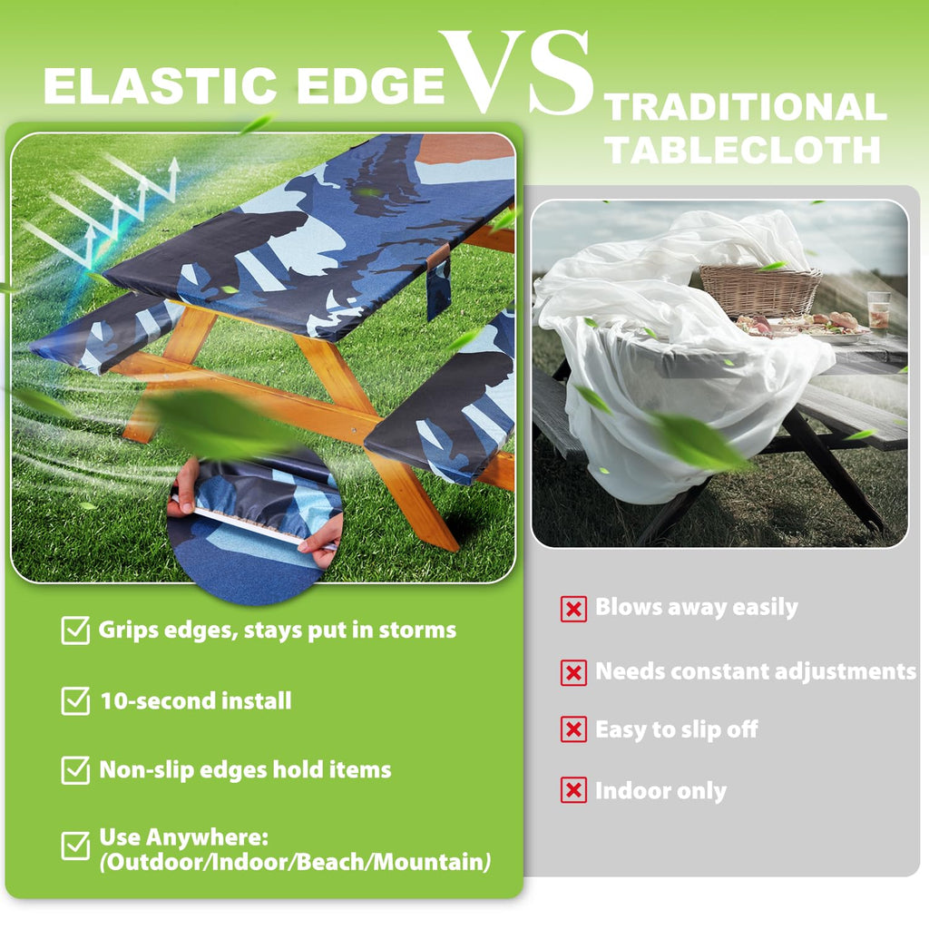 Fitted Picnic Table Cover with Bench Covers Waterproof Elastic Edges Rectangle Patio Tablecloth Outdoor Camping