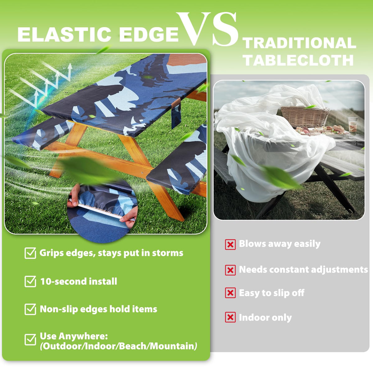 Fitted Picnic Table Cover with Bench Covers Waterproof Elastic Edges Rectangle Patio Tablecloth Outdoor Camping
