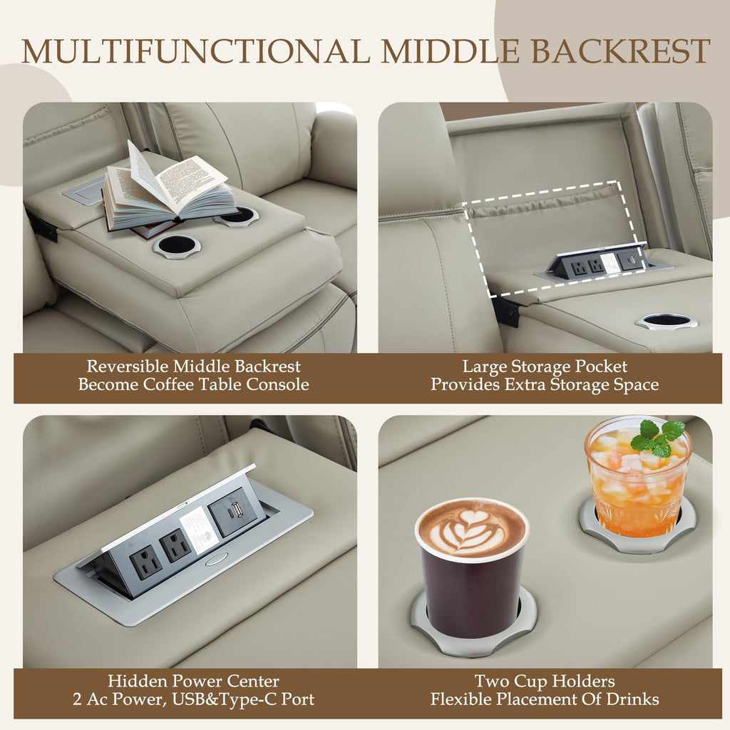 Power Reclining Sofa with Fold Down Table, Breathable Leather Electric Reclining Couch, Power Loveseat Recliner Sofa