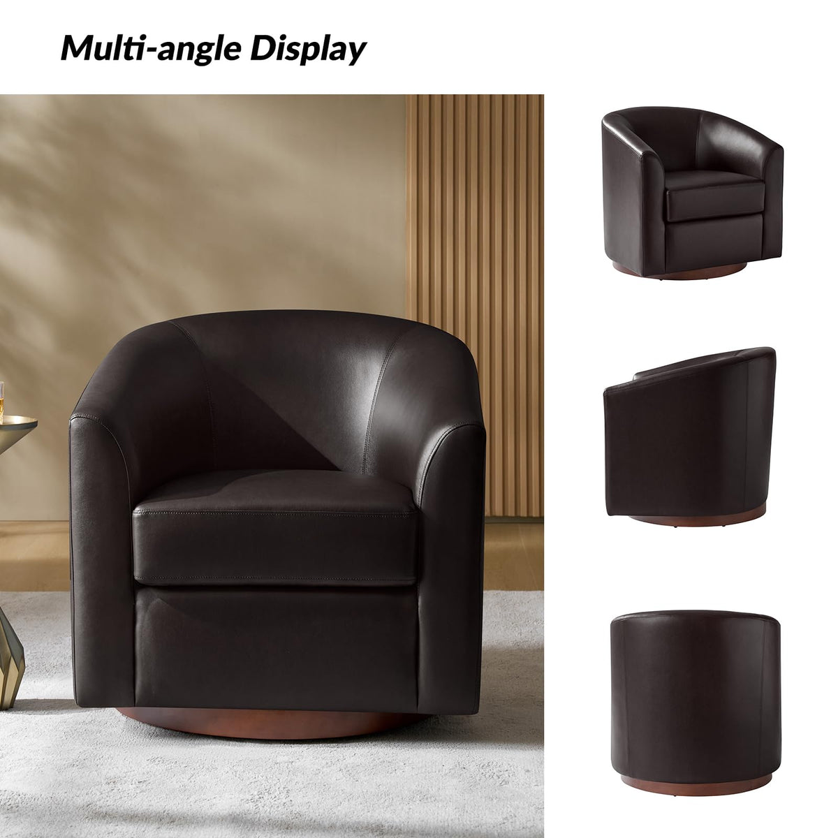 Faux Leather Swivel Accent Chairs Set of 2 with Solid Wood Base, Round Swivel Barrel Chairs, No Assembly Required