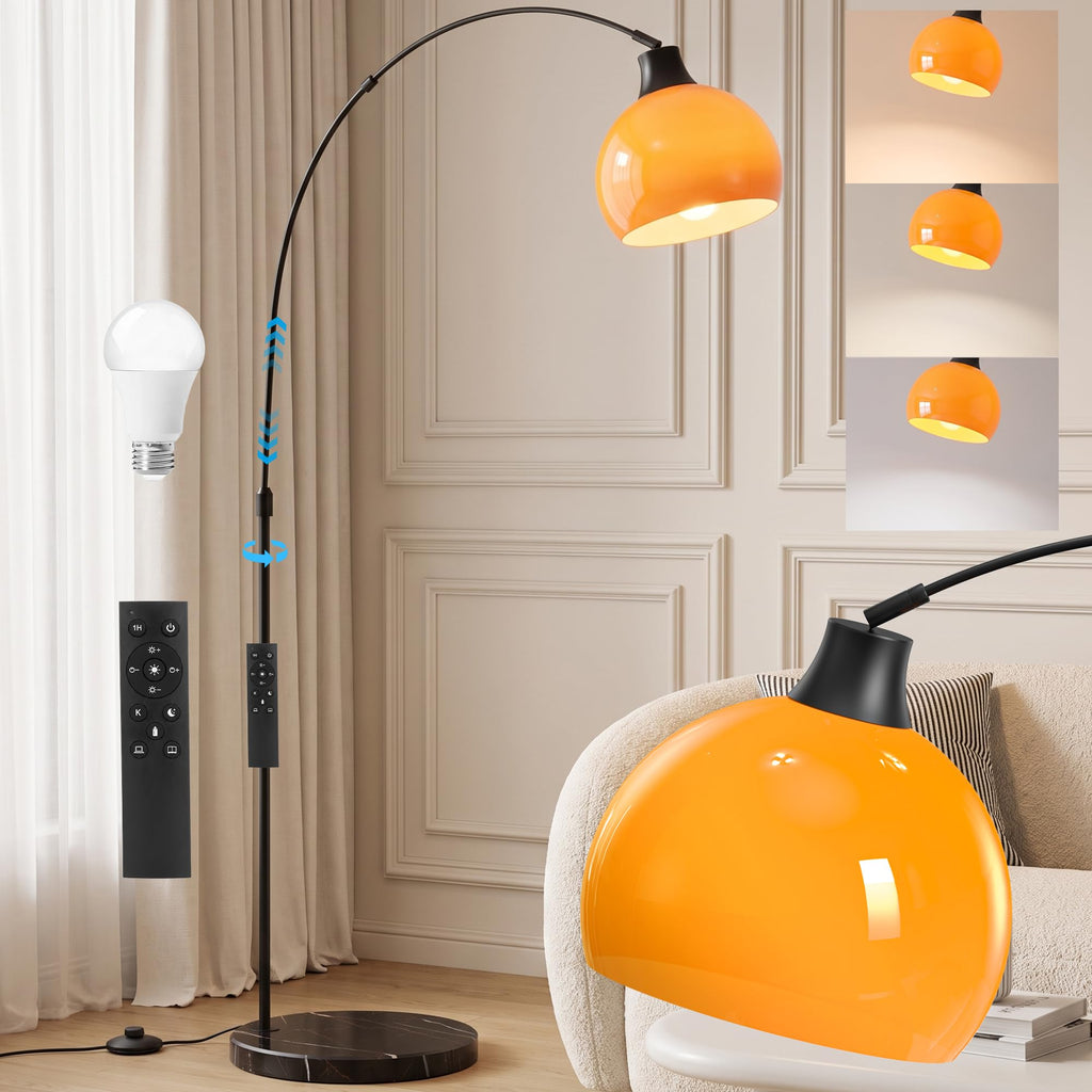 Inspired Arco Style 75" Orange Arc Floor Lamp, Dimmable Standing Lamp with Remote, LED Bulb