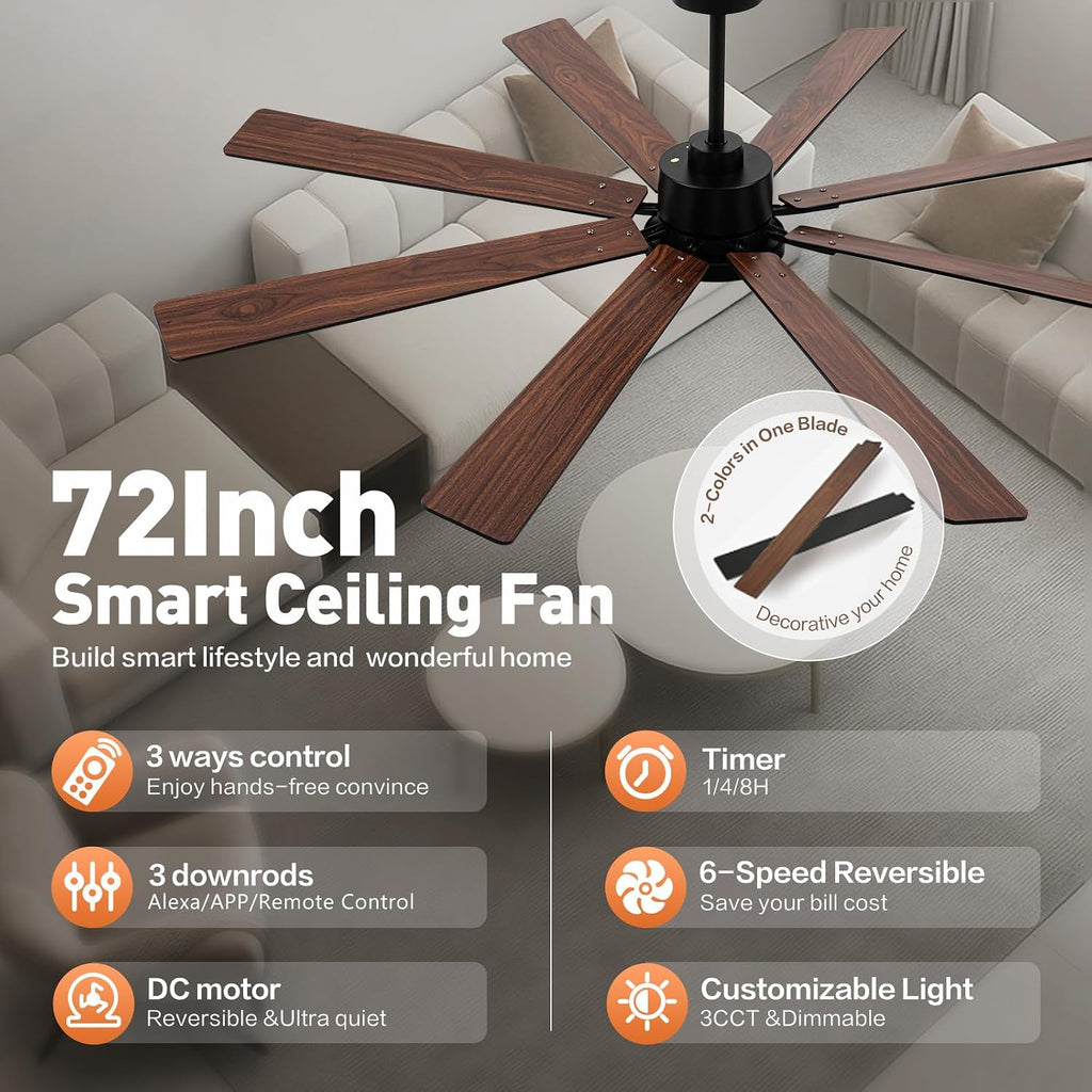 72" Black Indoor/Outdoor Smart Ceiling Fan with Light & Remote