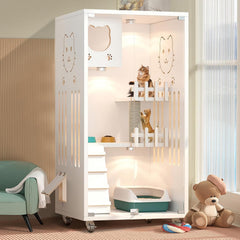 Large Wooden Cat House, Indoor Cat Condo Enclosed, Multi-Feature Luxury Cat Villa with Wheels Scratching Post, Wooden