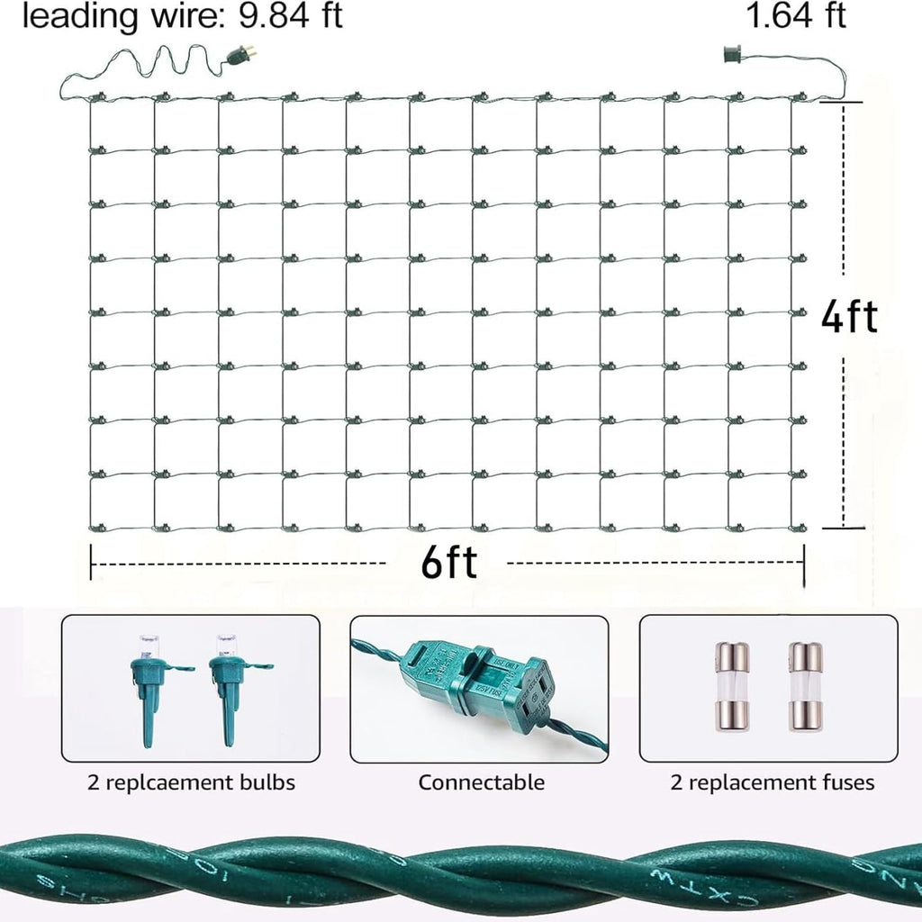 6Ftx4Ft LED Christmas Net Lights Green Wire,Connectable UL Certified Waterptoof Net Lights for Bushes Trees Shurb