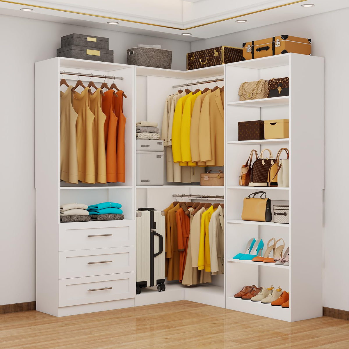 Corner Closet System with 3 Drawers, Closet Organizer System with 6 Hanging Rods 7 Shelves Walk in Wooden Modular
