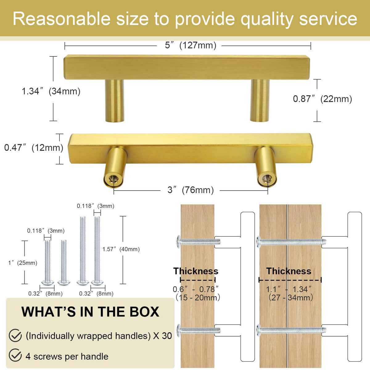 30 Pack Brushed Brass Kitchen Cabinet Handles 5" Length Drawer Pulls