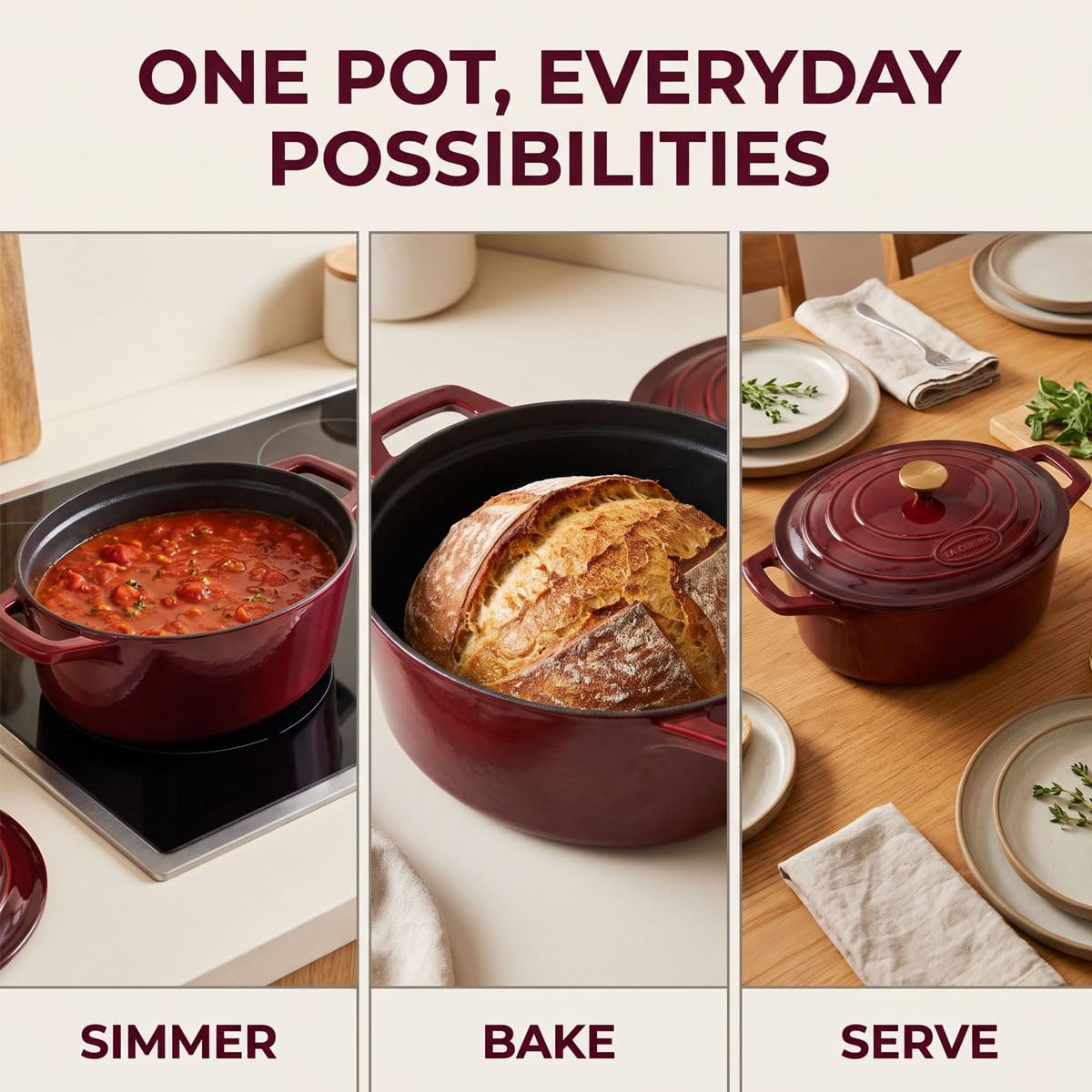 Enameled Cast Iron Oval Dutch Oven Casserole Dish Pot with Lid 5 QT Internal Matt Black Enamel Coating, Cranberry