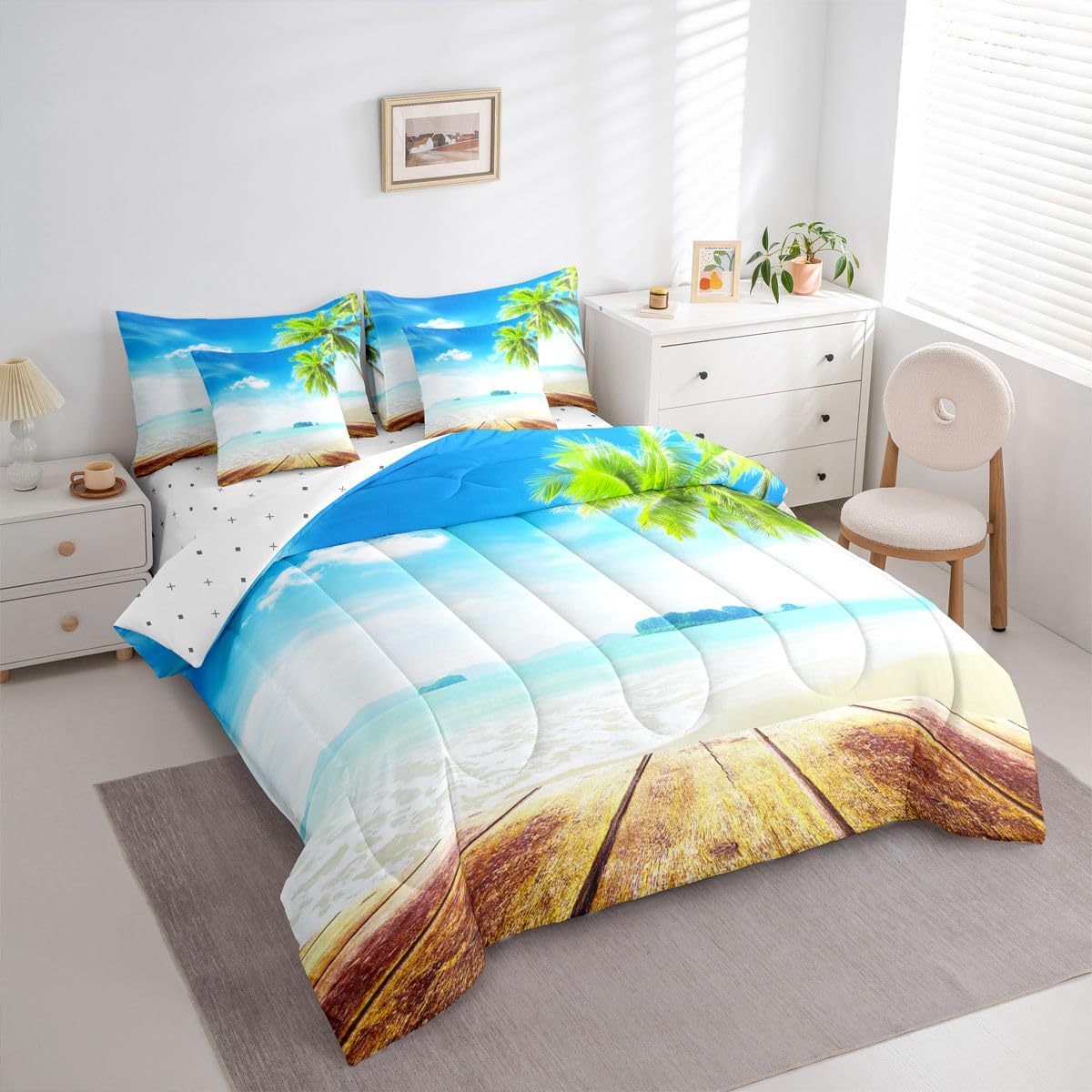 Beach Comforter Set 7 Pieces, Ocean Bed in A Bag, Tropical Palm Tree Hawaiin Bedding Set with Comforters