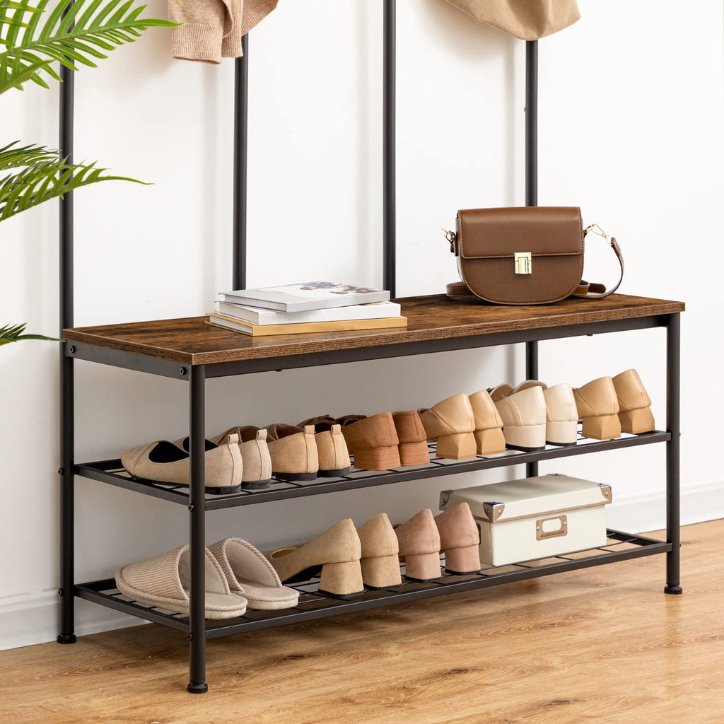 Hall Tree with Bench, Entryway Bench with Coat Rack, Mud Room Rack with 12 Double Hooks and Shoe Storage, Coat Tree