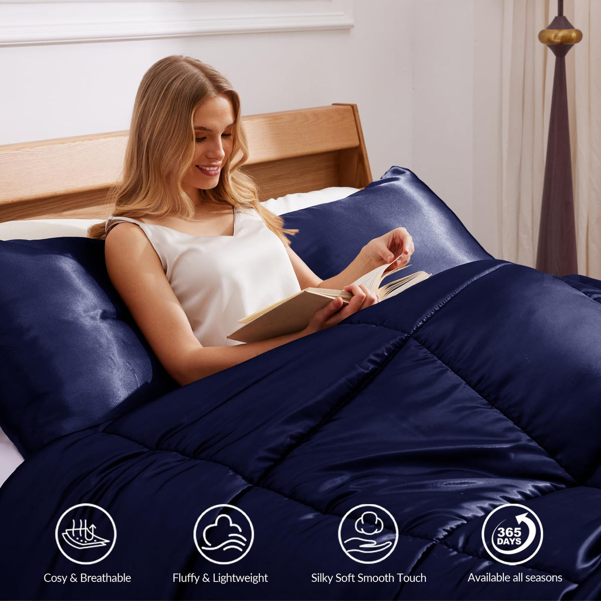 Reversible Satin Comforter Set for All Season, Navy