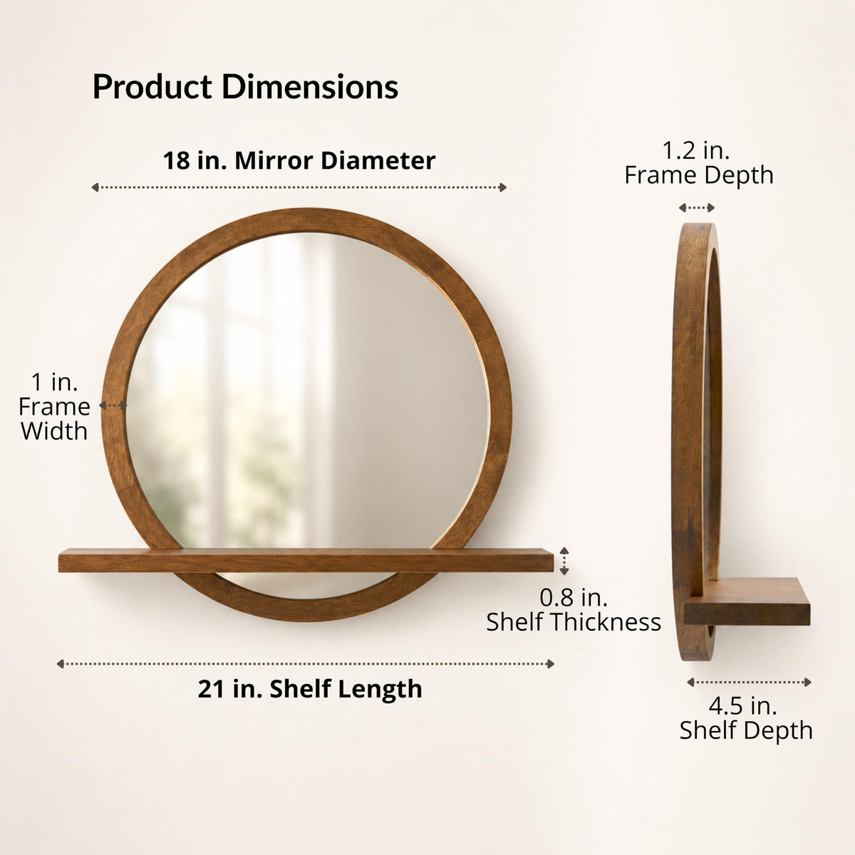 18" Round Wall Mirror with Shelf, Solid Wood Frame