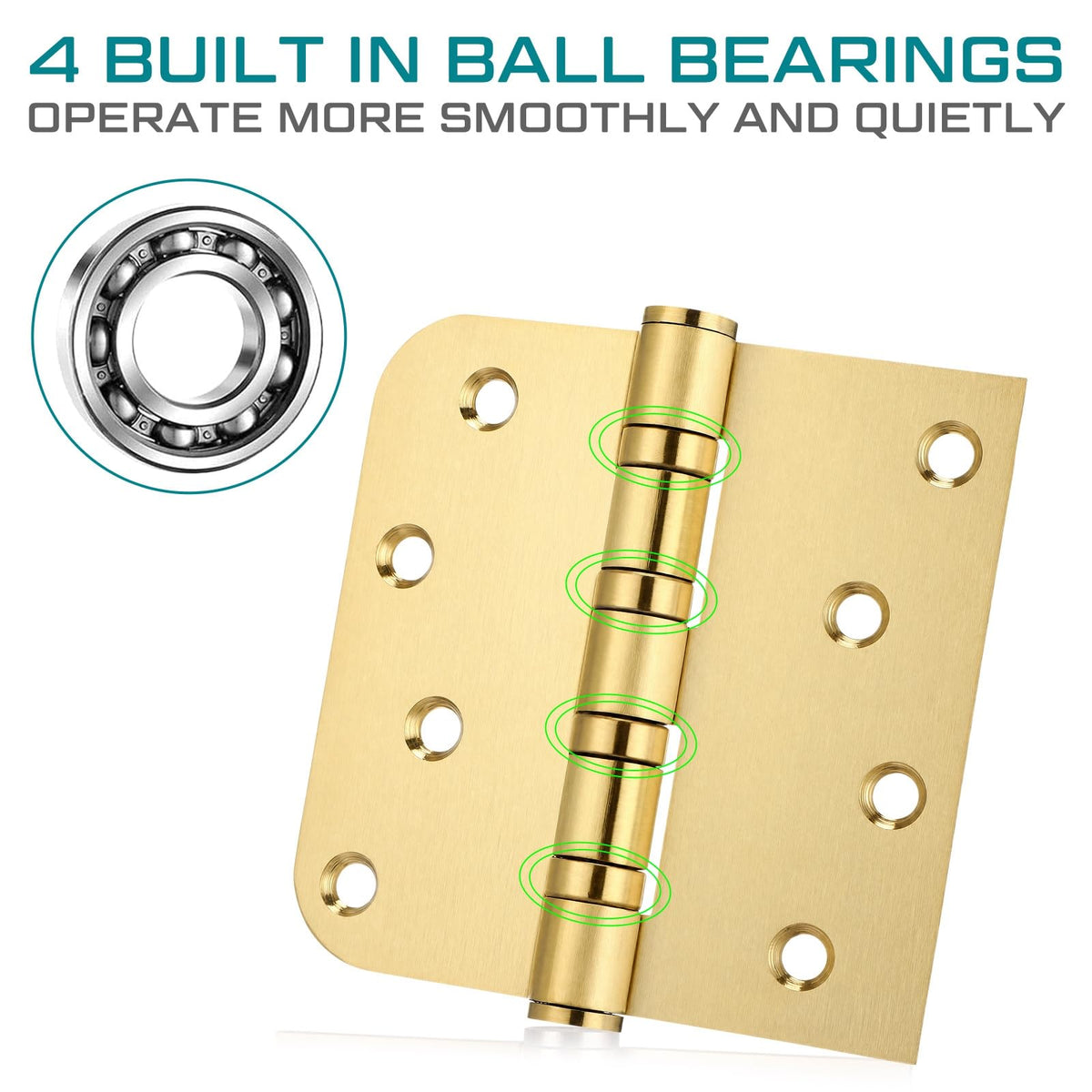 4'' Ball Bearing Door Hinge, 4 x 4 Inch Exterior Door Hinge, 3 Pack, Gold