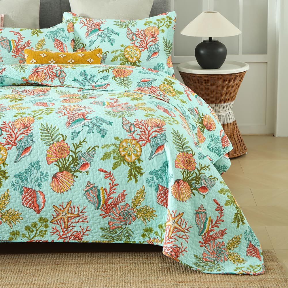 Cotton Coastal Bedspread Quilt Sets Reversible Bedding Coverlet Sets Comforters, Fairytale Starfish Seashell