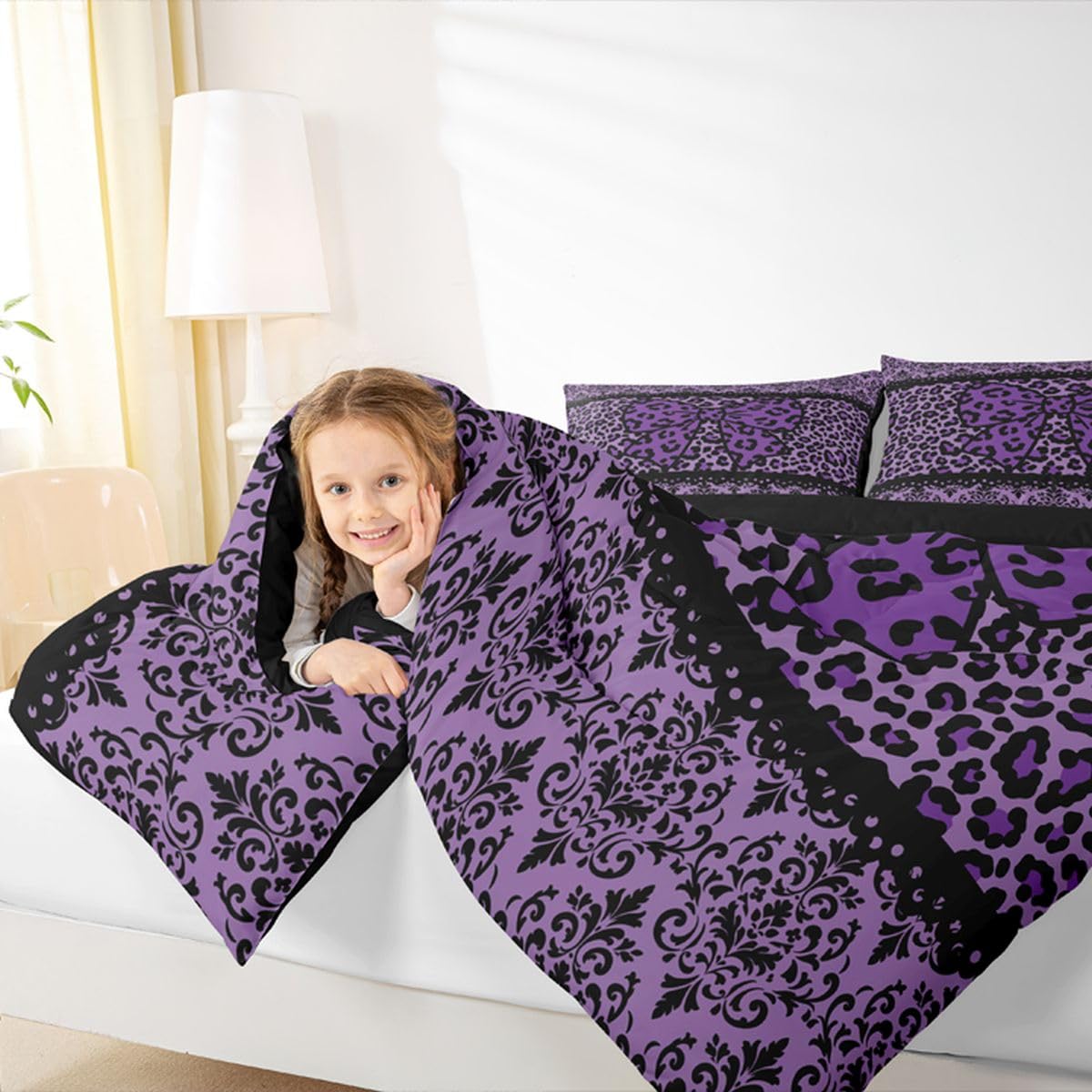 Black Purple Leopard Damask Bowknot Print Adults Comforter Set Full Size Gothic Antique Victorian Baroque Bedding Set