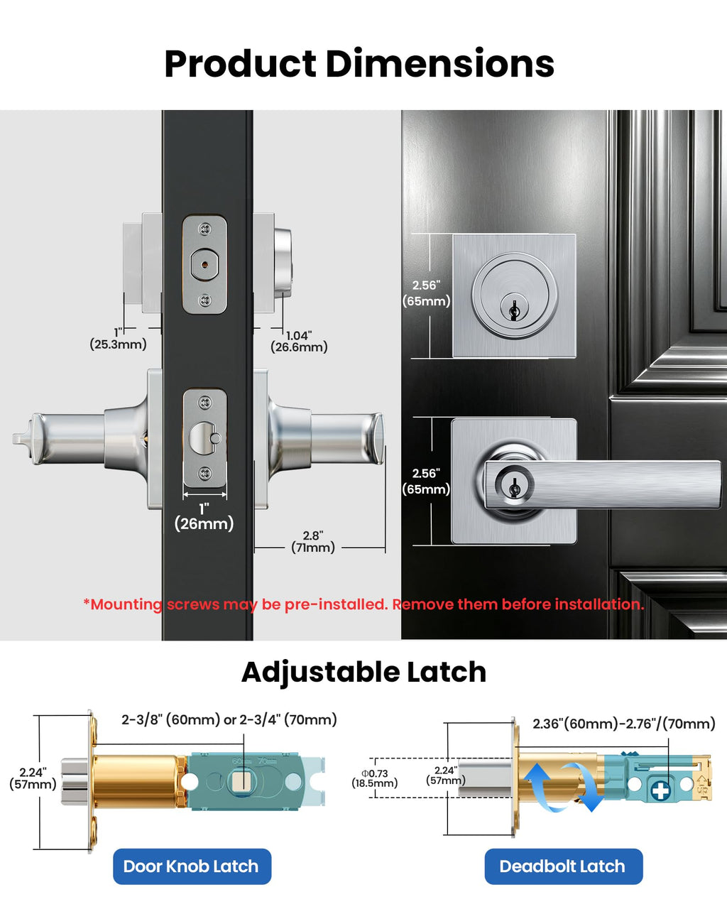Modern Square Front Door Handle Set with Deadbolt, Satin Nickel