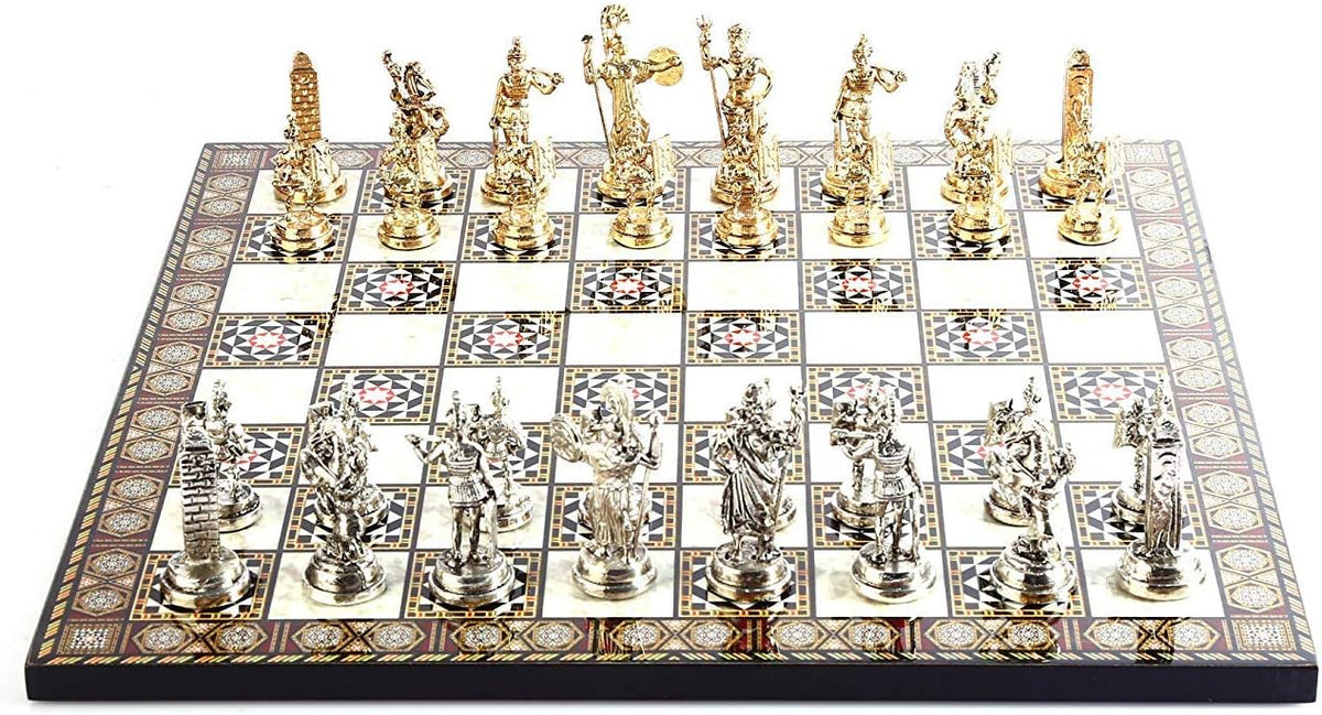 Historical Roman Figures Metal Chess Set for Adults, Handmade Pieces and Mosaic Design Wooden Chess Board King 2.8 inc