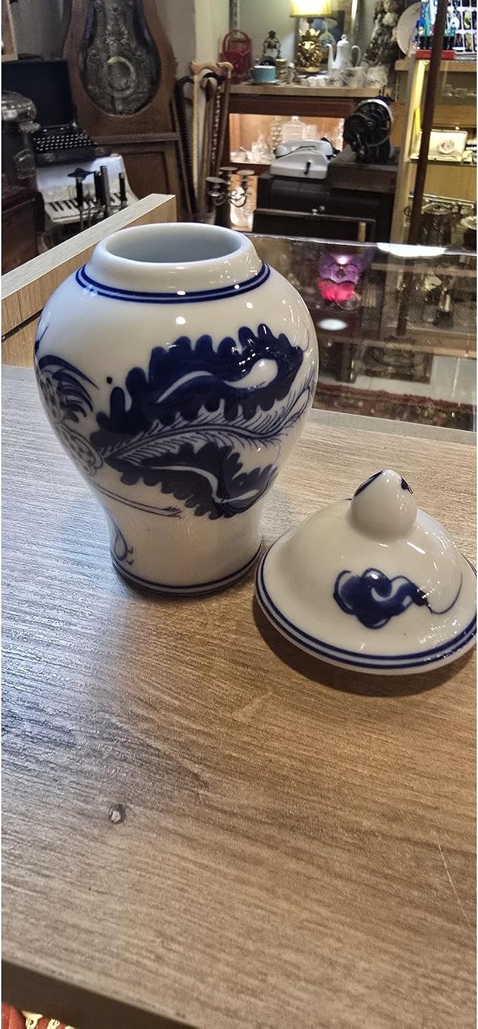 Blue and White Porcelain Decorative Jar with Lid - Classic Traditional Motifs - Vintage Style - 4.3 Inch Height