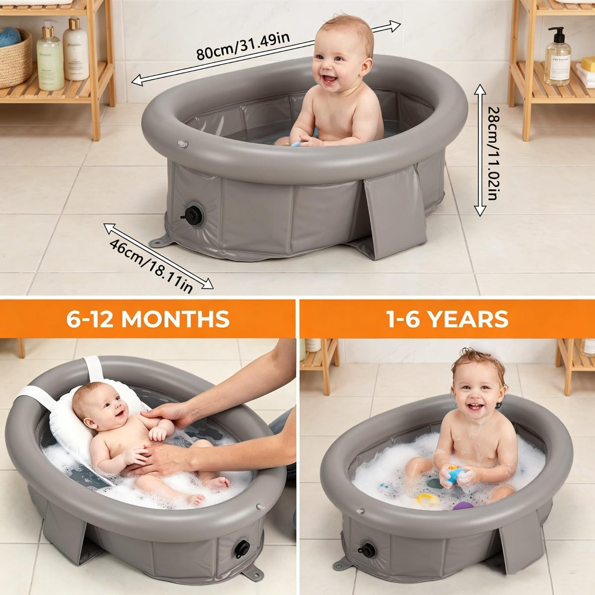 Bathtub for Newborn to Toddlers 1-6 Y, Foldable Infants Babies Bath Tub with Non-Slip Base and Drain Plug, Portable